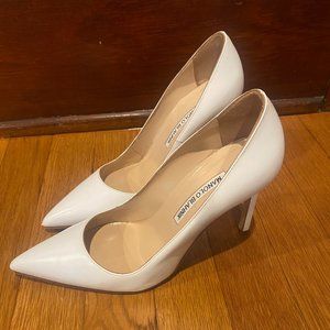 White Manolo Blahnik pointed toe stiletto pumps, size 36, size 6.5